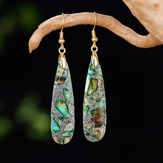 Boho Women Natural Stone Earrings Unique Healing Imperial Jasper Gemstone Energy Hypoallergenic Lightweight Dangle Drop Earrings Multiple Styles Earrings Jewelry for Birthday Party Gift