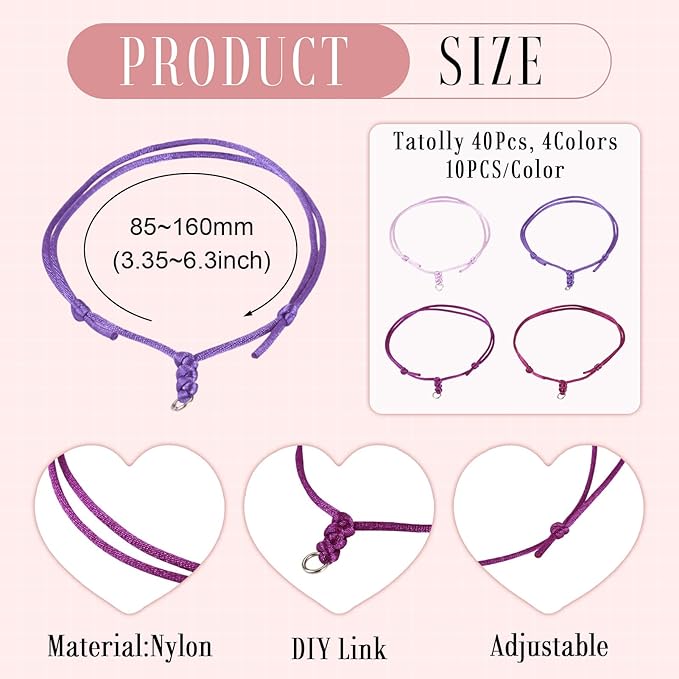 40Pcs Adjustable Braided Cord Colorful Waxed Thread Half Finished Bracelet with Jump Rings Knotting Bracelet Ropes for Wrist DIY Women Jewelry Friendship Bangle Decor 8.5-16cm Long-Purple