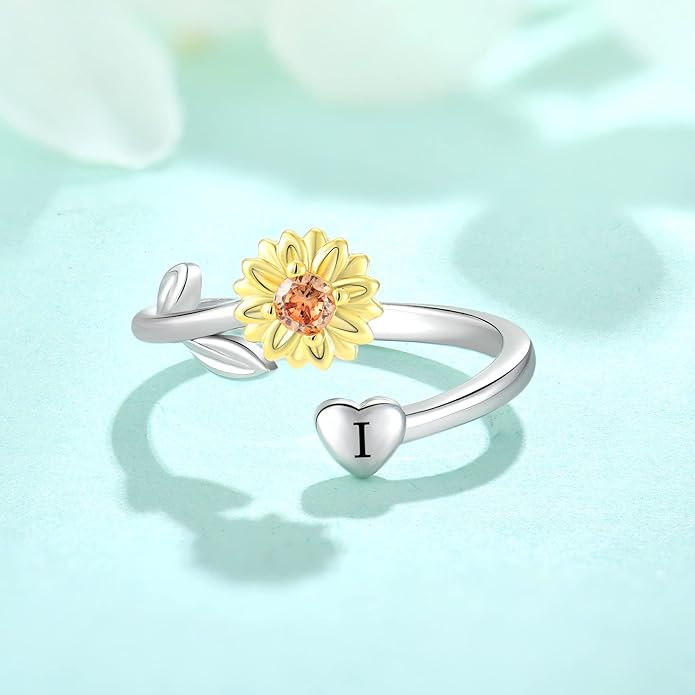 STARCHENIE Sunflower Initial Ring for Women 925 Sterling Silver Letters A-Z 26 Alphabet Adjustable Ring Size 7