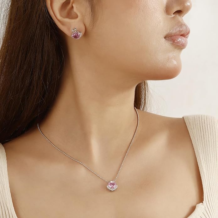 Love Heart Necklaces and Earrings with Rose Cut Birthstone Silver Plated Elegant Jewelry Set for Women CS0002