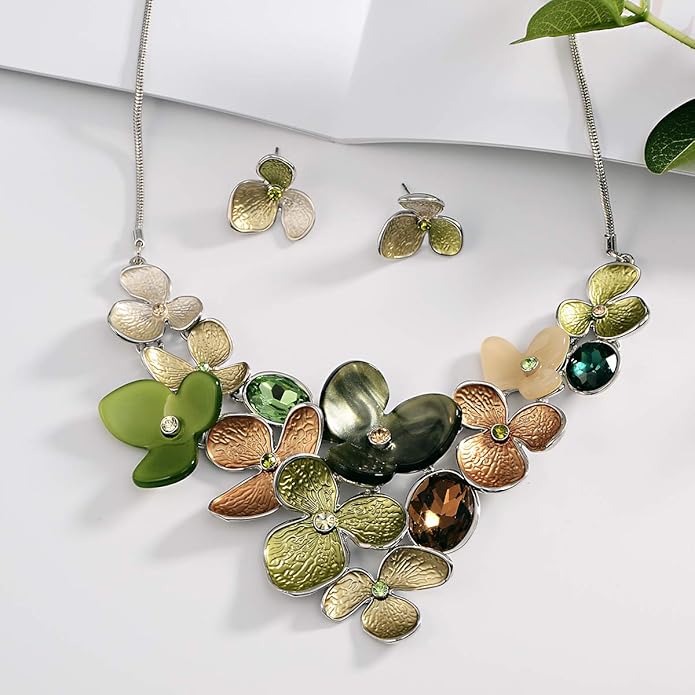 AMYJANE Vintage Statement Jewelry Set - Spring Leaf Flower Floral Plant Necklace Earring Set Crystal Rhinestone Fashion Costume Jewelry for Women Prom Party Unique Gift