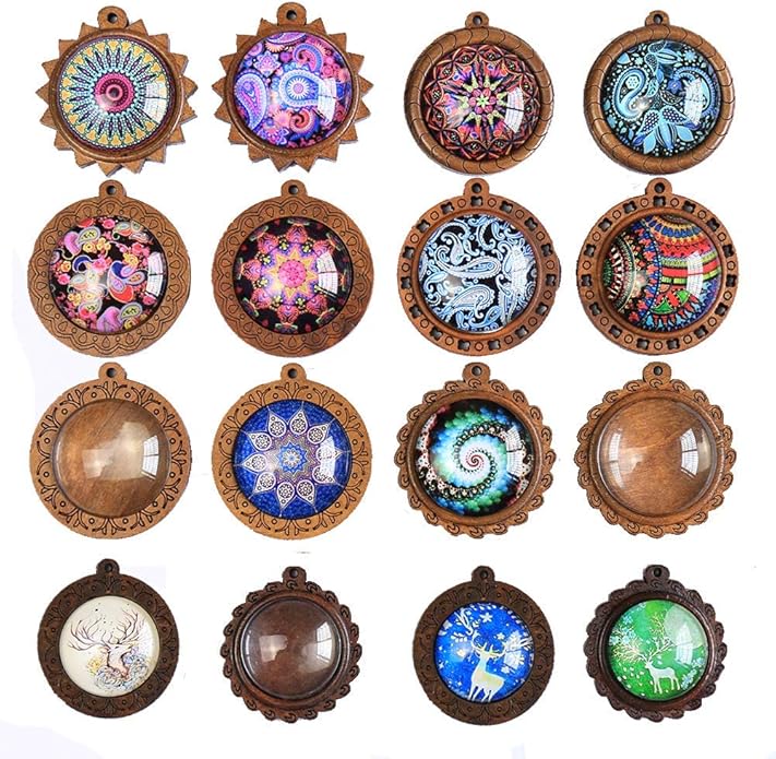 ToBeIT Bezel Pendant Trays Round Wooden and Glass Cabochon Round Clear Dome for DIY Crafting Photo Jewelry Making