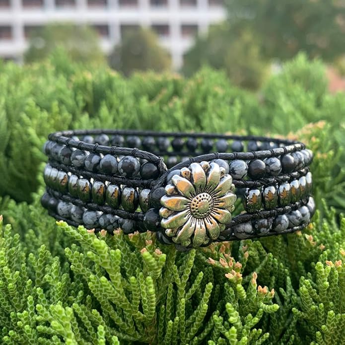 YGLINE Boho Handmade Natural Stone Bead 3 Row Wide Wrap Wrist Statment Bracelet Jewelry Collection