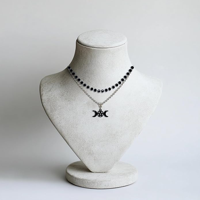 Black Stylish Gothic Necklace, Layered Beads Sun Necklace for Women, Black Bead Onyx Necklace, Goth Jewelry for Biker, Hiphop Punk Style for Women, Teenage