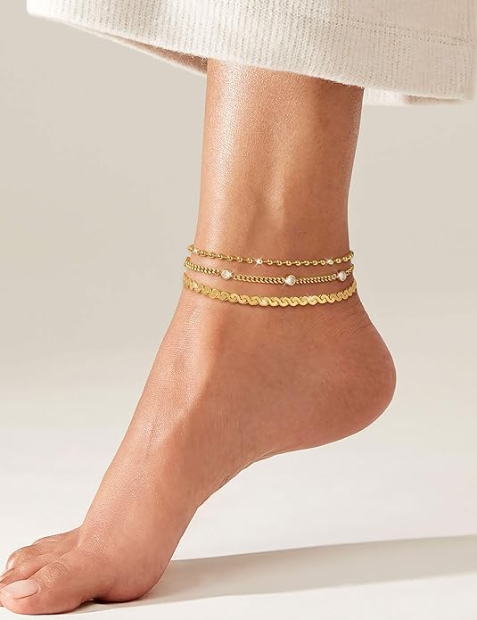 RLMOON Gold Anklets for Women CZ Ankle Bracelet 14K Gold/Silver Plated Waterproof Dainty Layered Tennis Heart Dot Chain Silver Anklets Trendy Foot Jewelry