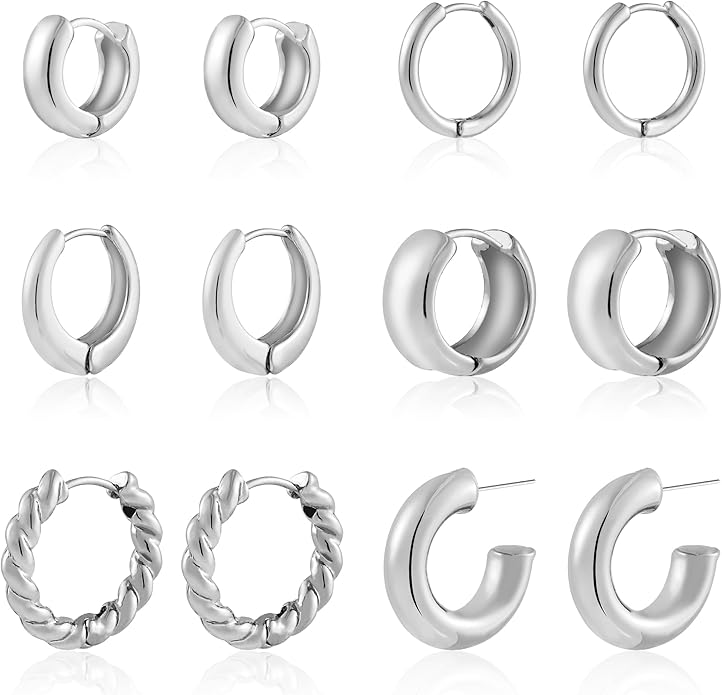 Wgoud 6 Pairs Gold Hoop Earrings Set for Women, 14K Gold Plated Hypoallergenic Lightweight Chunky Open Huggie Hoops Earrings Jewelry for Gifts.