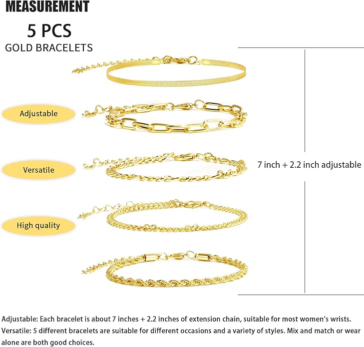 VIBILIA Dainty Gold Chain Bracelet for Women Trendy Stackable Adjustable Layered Metal Bracelet Gold Plated Twist Link Figaro Chain Paperclip Bracelets Fashion Jewelry