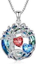 TOUPOP s925 Sterling Silver Family Celtic Tree of Life Pendant Necklaces with 2 Heart Birthstone with Blue Austrian Crystal Jewelry Birthday Valentines Day Gifts for Her, Anniversary Christmas Gifts for Wife Girlfriend Mom (18K Real White Gold Filled)