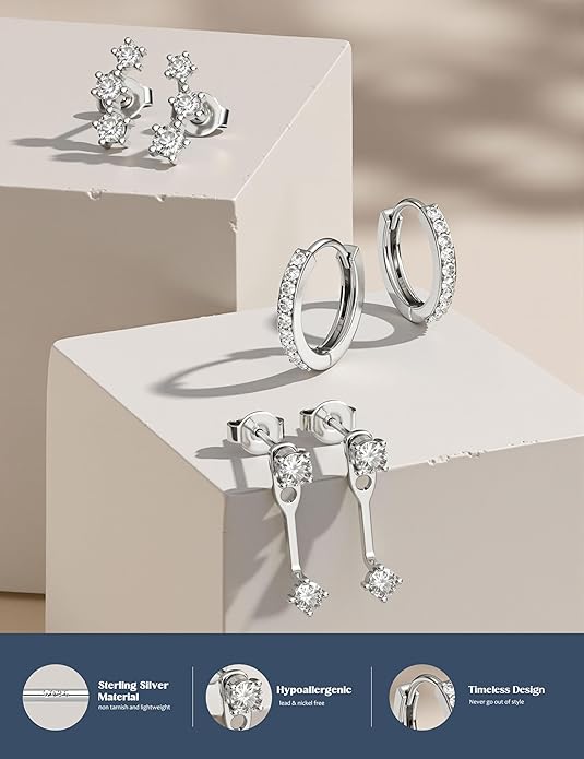 FIASASO 3 Pairs 925 Sterling Silver Hypoallergenic Earrings for Women Trendy - 14K Gold Plated Stud Hoop Cartilage Earrings Set Small Earring Stacks for Sensitive Ears Non Tarnish Dainty Silver Earring