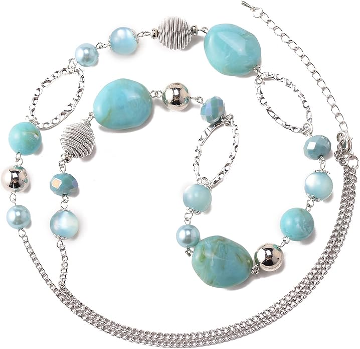 BULINLIN Beaded Long Necklace for Women Silver Sweater Chain Necklace with Crystal Resin Beads, Fashion Jewelry Necklace