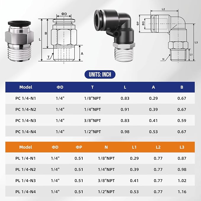 1/4 Push to Connect Fittings npt Thread to 1/4 Air Line quick | Pneumatic - Image 2