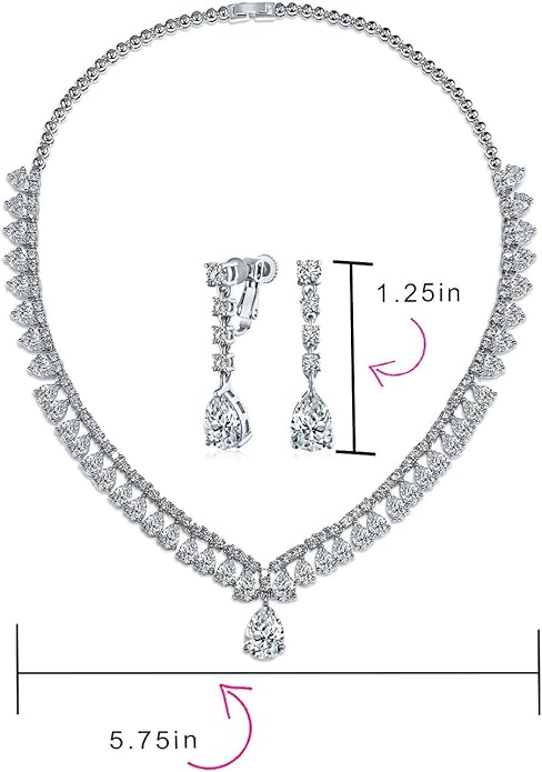 Bridal Jewelry Set Art Deco Vintage Estate Style Cubic Zirconia Marquise Leaf Teardrop AAA CZ Statement Cleavage Choker Necklace & Chandelier Dangle Clip On Or Pierced Earrings For Women Pageant