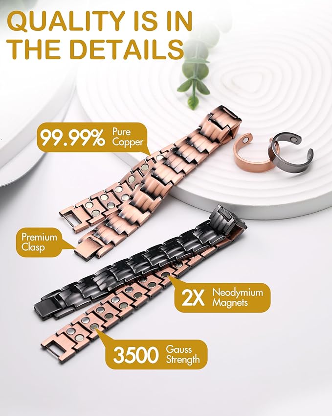 Feraco Men's Copper Magnetic Bracelet and Ring Elegant 99.99% Solid Copper Bracelets with Double-Row Strong Magnets, Magnetic Field Therapy Jewelry