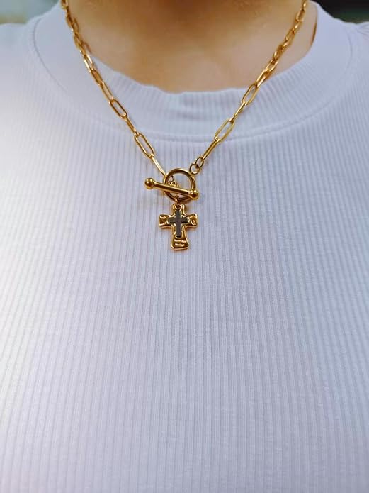 MQV Chunky Statement Gold Hammered Bold Cross Necklace Thick Chain Vintage Chain Pendant Jewelry