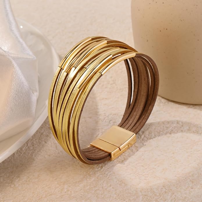 Wrapped Bracelets for Women,Leather Bracelet,Boho Bracelets for Women,Multi-Layer Pearl Crystal Bracelet Bangle Jewelry