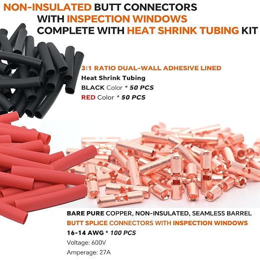 16-14 AWG Wire Splice Kit – 100 PCS 16-14 Gauge Bare Copper Non-Insulated Butt - Image 2