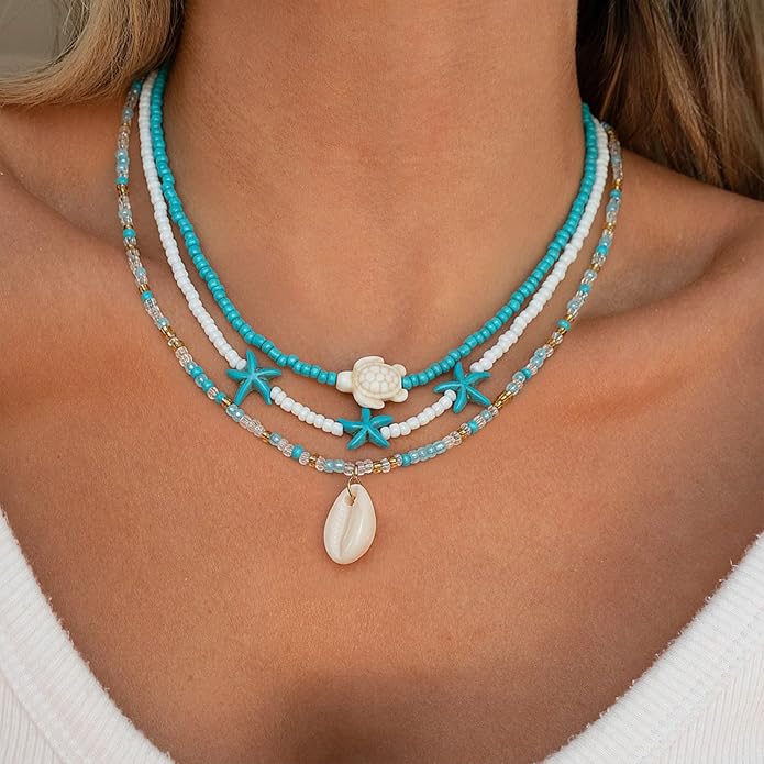 Women's Shell Starfish Boho Layered Beaded Necklace Choker for Summer Beach Vacation Gifts for Birthday/Anniversary/Christmas