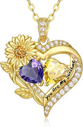 Sunflower Heart Necklace for Women 14K Gold Exquisite Valentines Day Anniversary Birthday Gifts for Wife Mother Her Double Birthstone Pendant Jewelry‘You Are My Sunshine’
