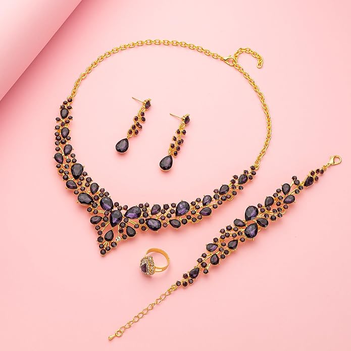 Crystal Bridal Wedding Jewelry Sets for Women Rhinestone Teardrop Crystal Statement Choker Necklace Drop Earrings Link Bracelets Rings Teardrop Jewelry Set for Brides Bridesmaids