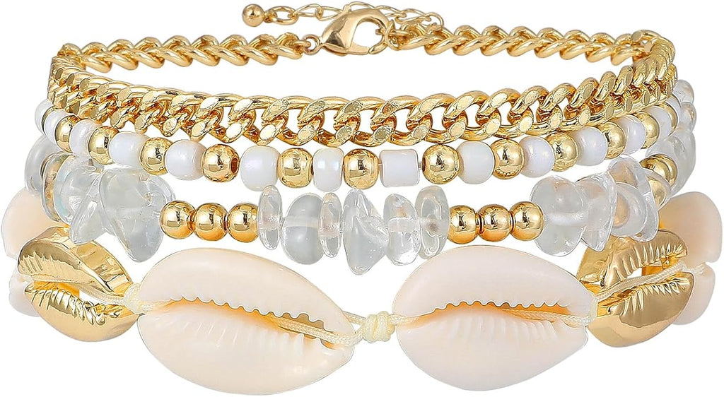 Shell Bracelet Seashell Boho Beaded Stretch Bracelets for Women Summer Beach Bracelets Starfish Charm Bracelet Stackable Gold Plated Bracelets Set for Women
