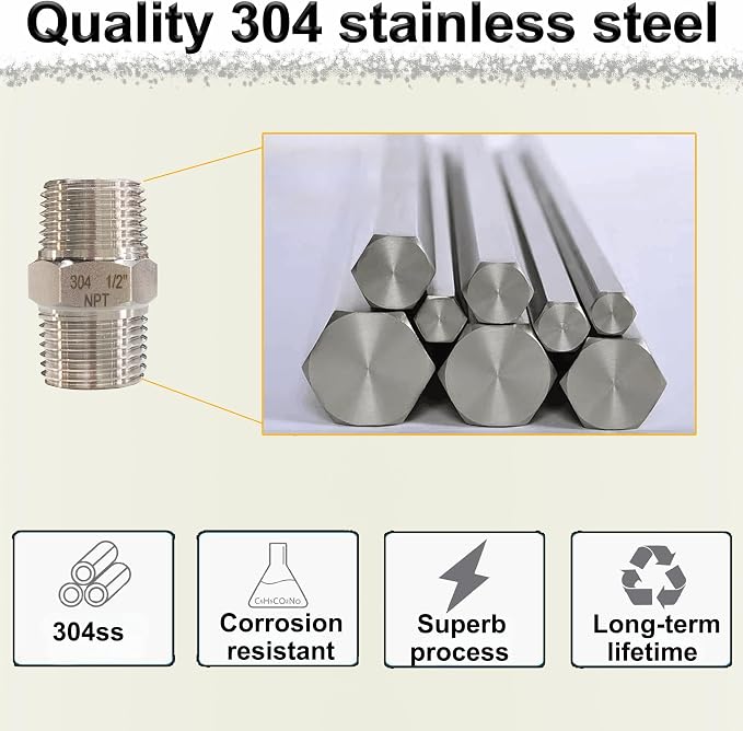 1" NPT Male Hex Nipple Pipe Fittings, 304 Stainless Steel 1 inch Threaded Pipe - Image 5