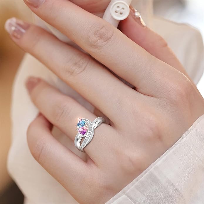 Personalized Heart Birthstone Rings for Women with 2 Birthstones Custom Name Rings for Couple Mother Daughter Jewelry Gift for Mother Her Christmas