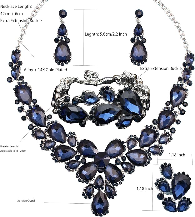 Women's Wedding Bridal Austrian Crystal Glass Teardrop Statement Necklace Dangle Earrings Bracelet Ring Wedding Party Jewelry Set for Bridal Bridesmaid