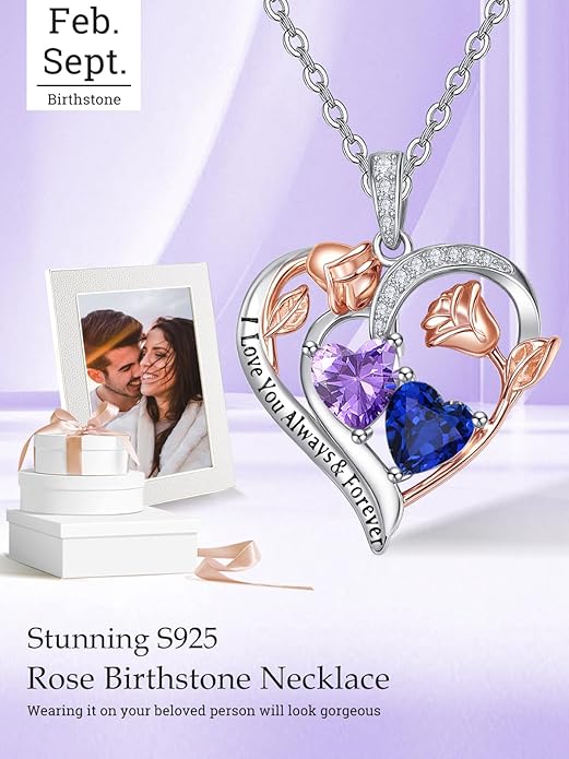 Valentine's Day Gifts for Wife 925 Sterling Silver Double Birthstone Pendant Necklaces I Love You for Always and Forever Necklace Anniversary Birthday Gifts for Wife Girlfriend Mom Her