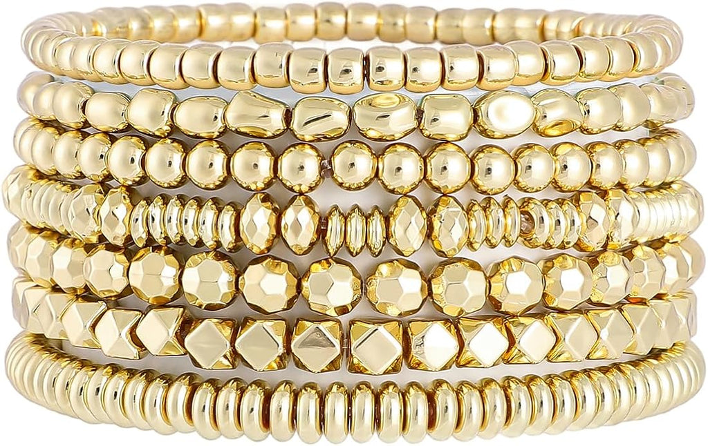Gold Plated Beaded Bracelets for Women Trendy, 14K Gold Plated Stack Cross Pearl Gold Plated Bead Stretch Bracelets Set Elastic Hypoallergenic Bracelets Jewelry Gifts