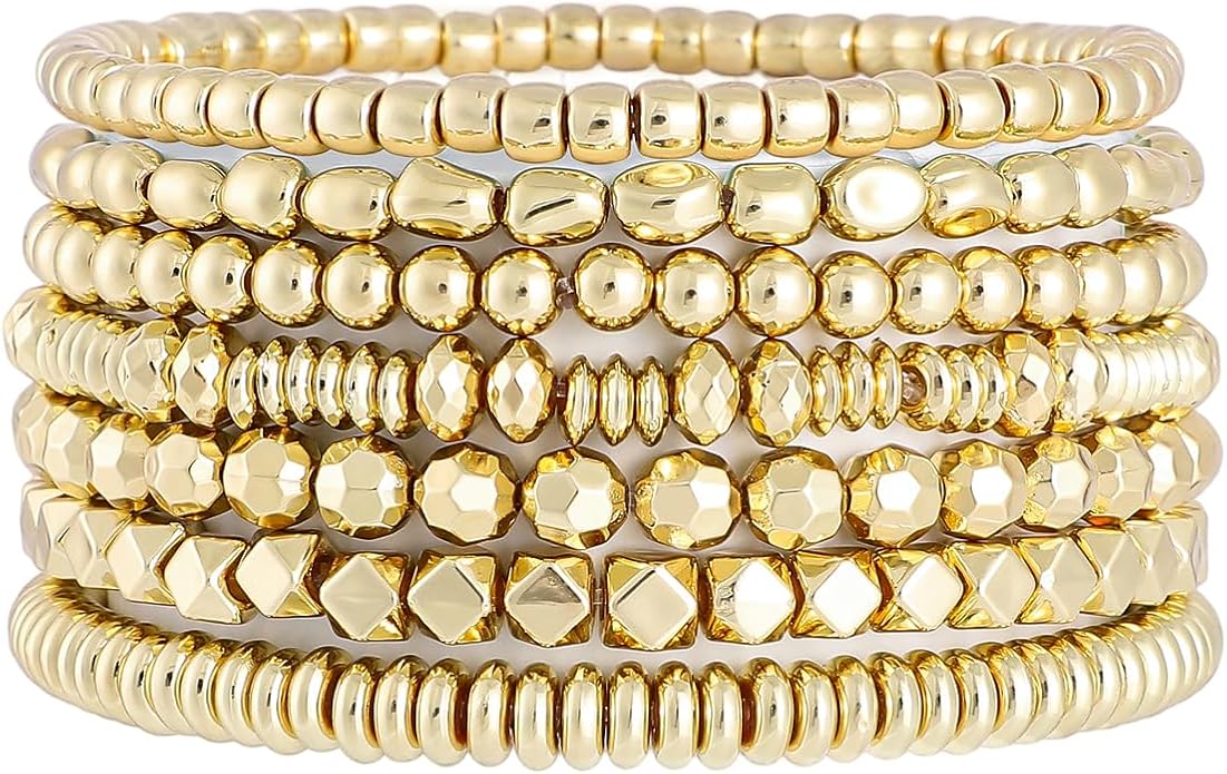 Gold Plated Beaded Bracelets for Women Trendy, 14K Gold Plated Stack Cross Pearl Gold Plated Bead Stretch Bracelets Set Elastic Hypoallergenic Bracelets Jewelry Gifts