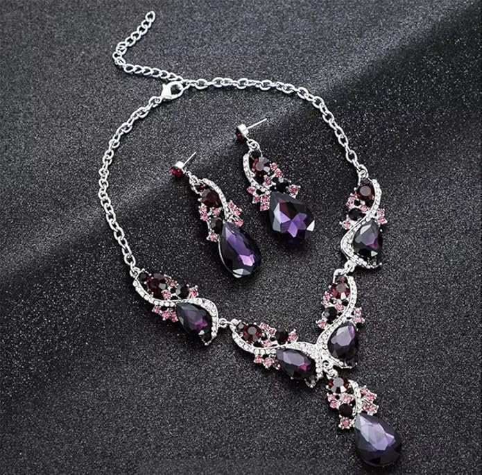 Secret for Longevity Silver Tone Antique Style Art Deco Dark Purple Eggplant Amethyst Rhinestone Statement Wedding Bridal Prom Chunky Statement Earrings Necklace Gift Set