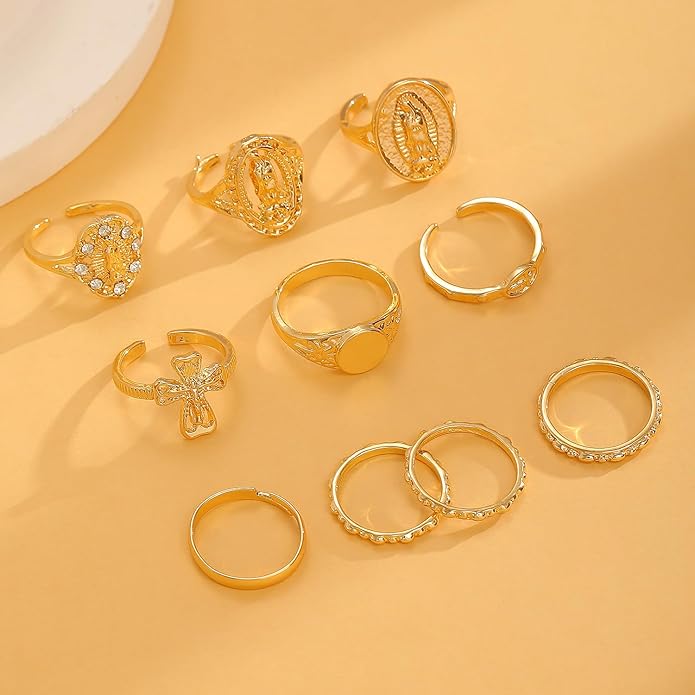 Chunky Gold Rings for Women Rhinestone Stackable Knuckle Ring Set Open Adjustable Statement Ring Set Dainty Crown Cross Midi Rings Fashion Jewelry Gift for Women