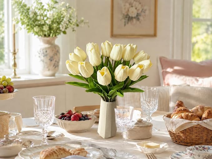 Mandy's 20pcs Artificial Cream Tulips | 13.5 Inch Lifelike PU Tulips Faux - Image 5
