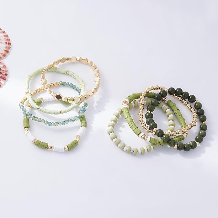 GOOJIDS Surfer Heishi Clay Bead Bracelets for Women Bohemian Stackable Gold Plated Beaded Stretch Bracelets Elastic Layering Friendship Bracelets Set Boho Jewelry