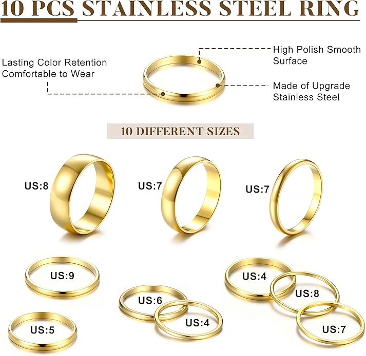 HAIAISO Silver Rings for Women Non Tarnish Stainless Steel Rings Set Dainty Gold Band Ring Stack Simple Stackable Thumb Pinky Ring for Multiple Size