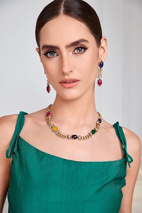 Multicolor natural stone necklace for women – vintage gold-plated copper alloy statement jewelry with rhinestone accents