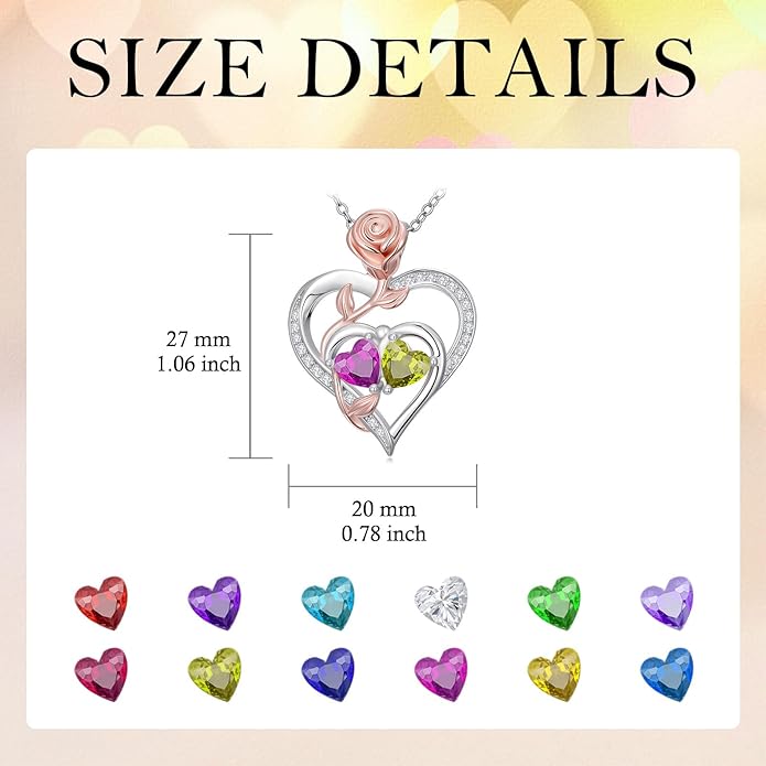 Rose Flower Heart Pendant for Women Birthday Gifts 18k Gold Plated Mother Daughter Necklace with 12 Months Birthstone Christmas Valentines Day Gifts for Her Mom Anniversarry Jewelry for Mom Wife Girlfriend