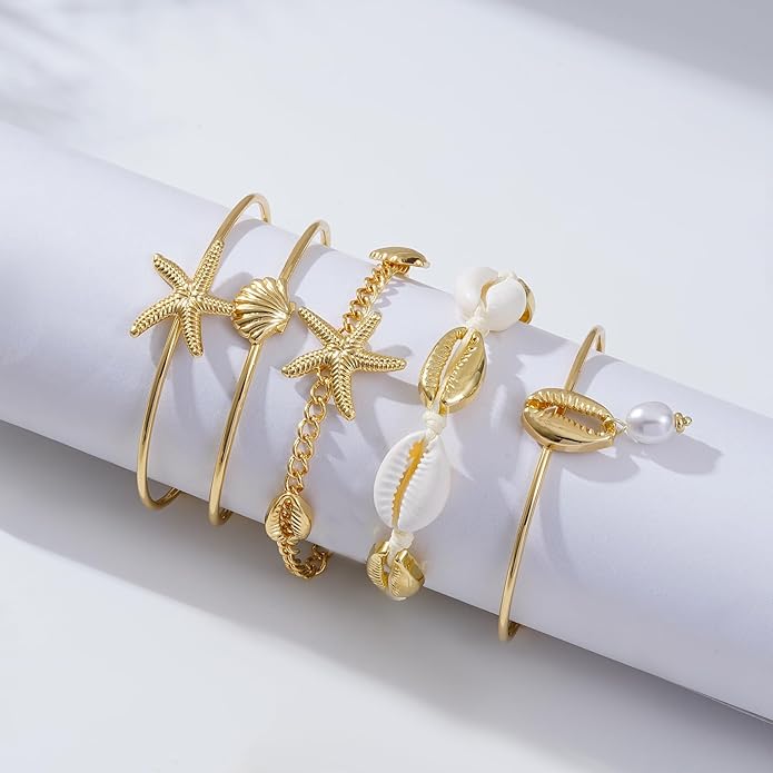 Shell Bracelet Seashell Boho Beaded Stretch Bracelets for Women Summer Beach Bracelets Starfish Charm Bracelet Stackable Gold Plated Bracelets Set for Women