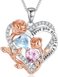 I Love You Birthstone Necklace, 925 Sterling Silver Heart Pendant with CZ Diamond Stones, Birthday Gifts for Women, Romantic Gift for Wife, Girlfriend, Her, Anniversary, Valentine's Day, Christmas