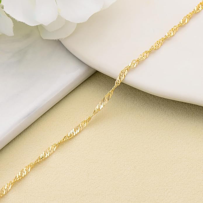 14K Yellow Gold 6-13 Inch 1.2mm-3.2mm Chain Bracelet Anklet for Women, Cuban Link Curb/Rope/Paper Clip/Round Snake/Herringbone/Bead/Water Wave, Thin Gold Chain Bracelet Durable Strong Real 14k Gold Chain Bracelet Anklet