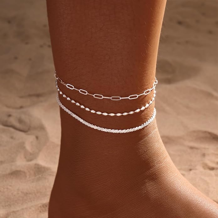 MIDEEO Gold/Silver Ankle Bracelets for Women,14K Gold Anklets for Women Waterproof Cuban Link Heart Beads Herringbone Rhinestone Anklets Set Layered Anklet Bracelets for Women Gold Jewelry Gift