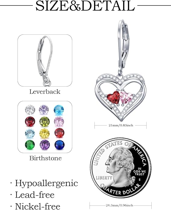 Valentines Day Gifts for Women, Heart Leverback Earrings Double Birthstone Dangle Earrings for Women, Love Jewelry for Her, Anniversary Birthday Gift for Mom Wife Girlfriend