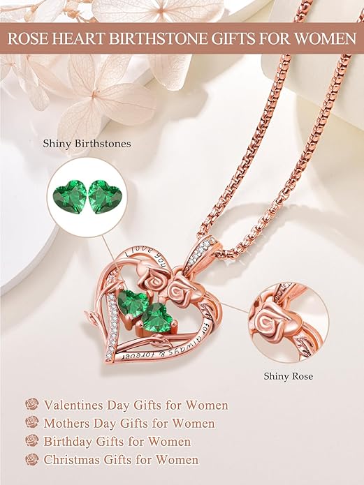 Rose Heart Necklaces for Women, Rose Gold Forever Love Jewelry with 2 Birthstones Pendant,Valentines Anniversarry Birthday Gifts for Her Wife Mom Grandma Daughter, 18+2 Inch Chain