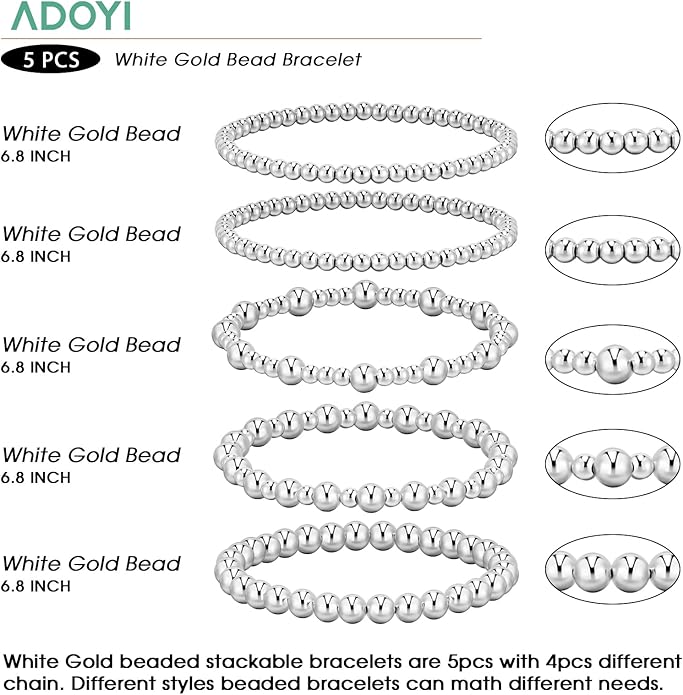 adoyi Valentines Day Gifts for Her Gold Bracelets for Women Waterproof, 14K Gold Plated Beaded Strand Bead Ball Bracelets stack Adjustable Jewelry Set for Gifts