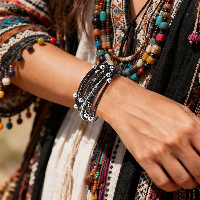 Wrapped Bracelets for Women,Leather Bracelet,Boho Bracelets for Women,Multi-Layer Pearl Crystal Bracelet Bangle Jewelry
