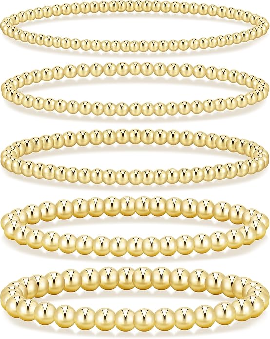 Valentines Day Gifts for Her Teen Wife Gold Beaded Bracelets for Women, 5 Pcs Dainty 14K Gold Plated Chunky Stretch Bead Ball Bracelet Stack
