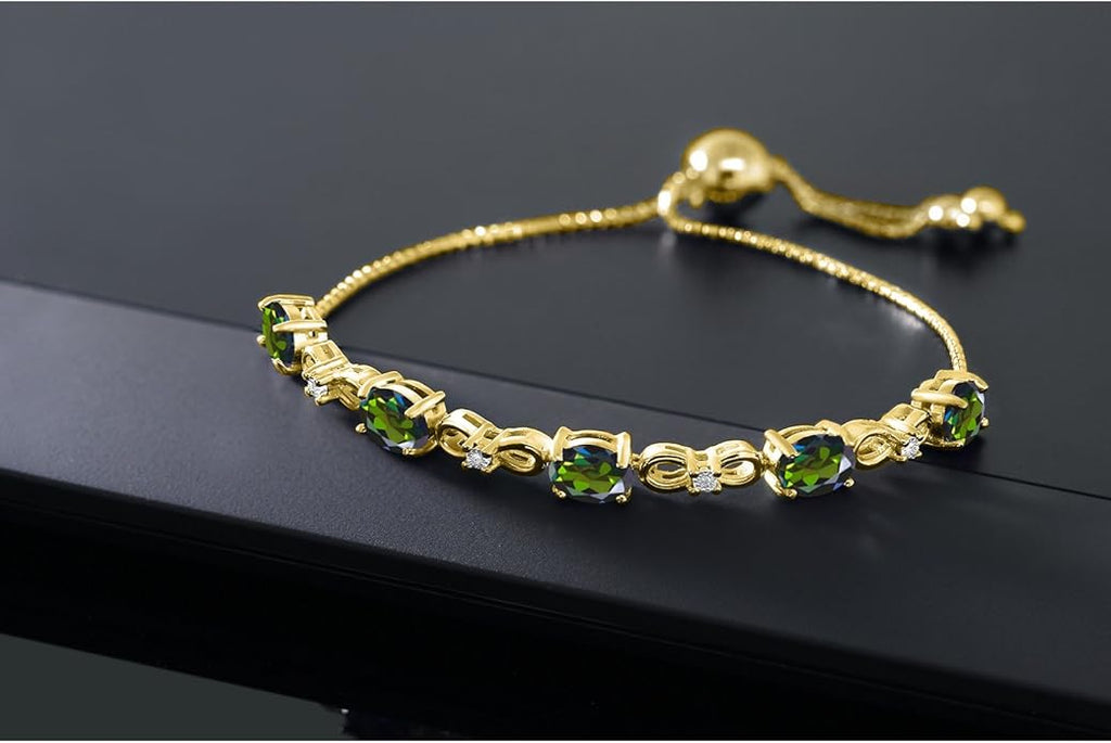 Gem Stone King 7X5MM Oval Cut Gemstone Birthstone and Accent Lab Grown Diamond Tennis Bracelet For Women In 18K Yellow Gold Plated Silver | Adjustable Bolo Bracelet For Women | Easy-On Easy-Off