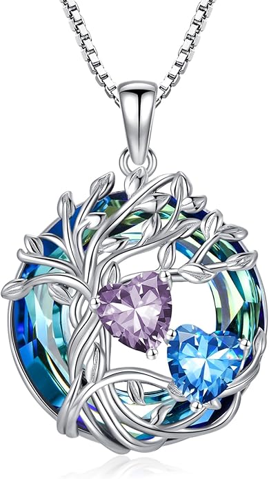 TOUPOP s925 Sterling Silver Family Celtic Tree of Life Pendant Necklaces with 2 Heart Birthstone with Blue Austrian Crystal Jewelry Birthday Valentines Day Gifts for Her, Anniversary Christmas Gifts for Wife Girlfriend Mom (18K Real White Gold Filled)