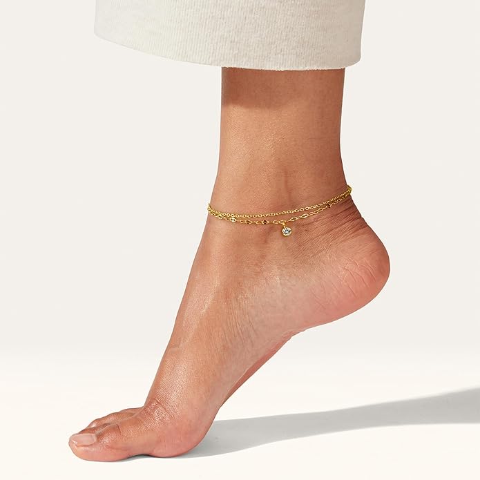 JINEAR Gold Ankle Bracelets for Women，14K Gold Plated Waterproof Chain Herringbone Layered Beaded Anklets Adjustable Summer Beach Jewelry Gift for Women