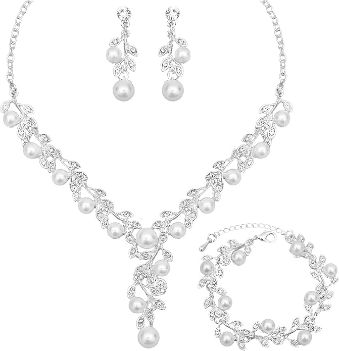 CSY Elegant Bridal Necklace Earrings Bracelets Leaves Shape Wedding Prom Dress Accessories Rhinestones Jewelry Sets for Bride Bridesmaid